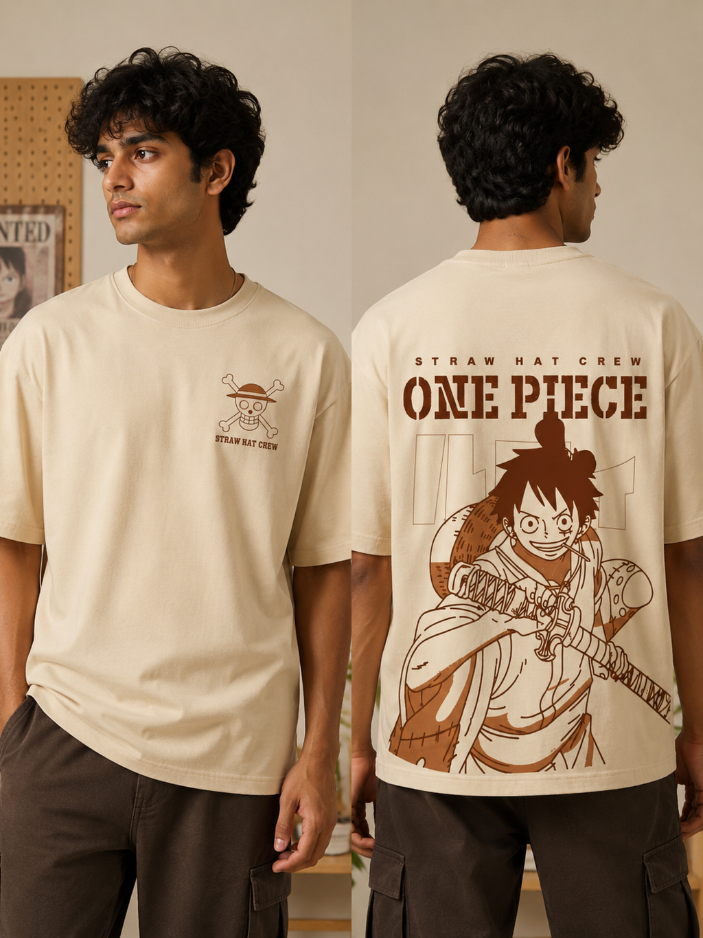 One Piece Luffy Oversized Anime Cotton T-Shirt (Cream)