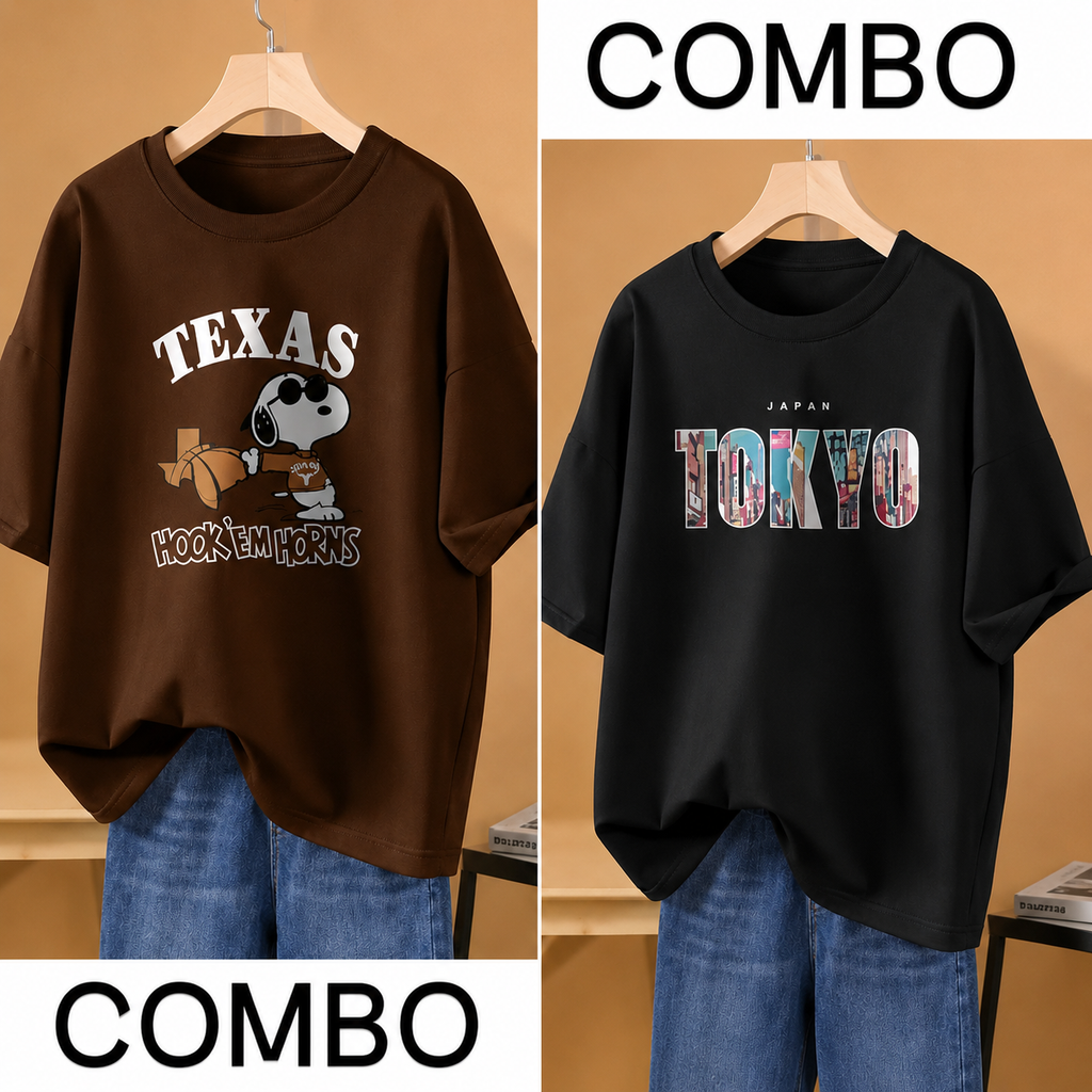 Women's Oversized Printed T-Shirt Combo Pack of 2 | Cotton Blend | Half Sleeve Loose Fit Casual Graphic Tees