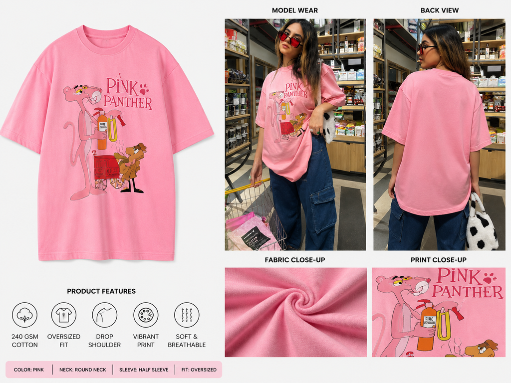 Pink Panther Oversized Graphic Printed T-Shirt for Women | Cotton | Drop Shoulder Streetwear Tee